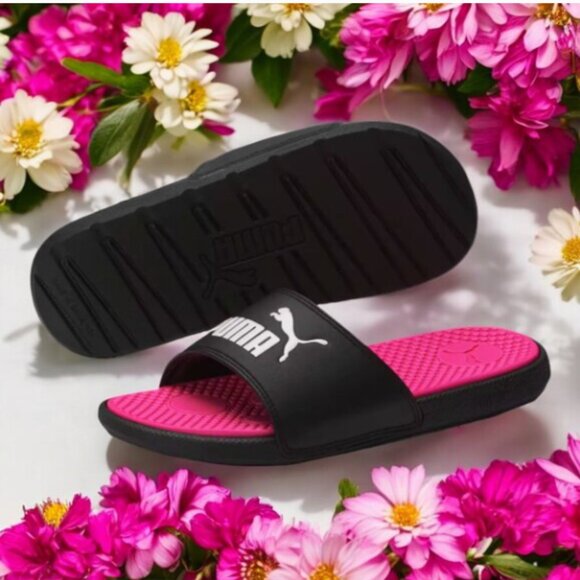 PUMA Cool Cat JR Girl's Sport Slides Sandal Flip Flops Black/Knockout Pink - Picture 1 of 6